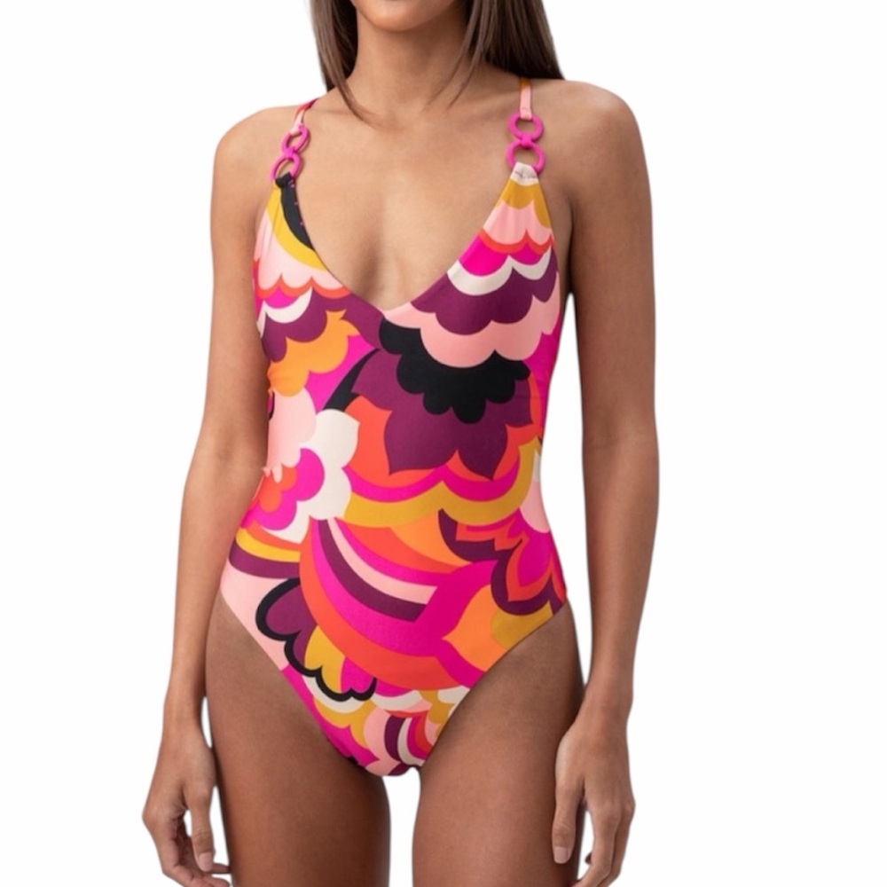 Trina Turk Pink & Orange Boho Halter One Piece Low Back Swimsuit Size 10 NWT